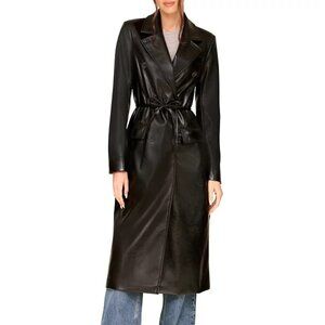 NWT Avec Les Filles Black Double-Breasted Belted Faux-Leather Trench Coat, Sz L